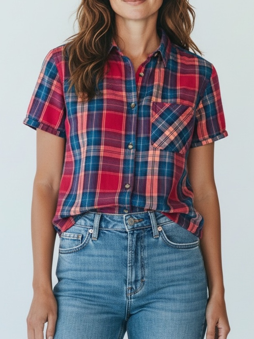 twik Red & Blue Plaid Short-Sleeve Button Down Shirt crop top